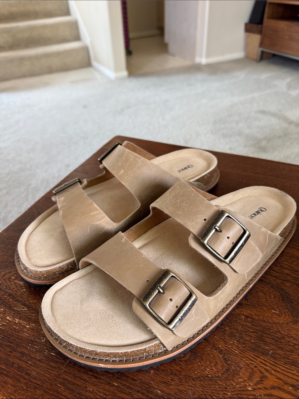 Quince Beige Double-Buckle Slide Sandals